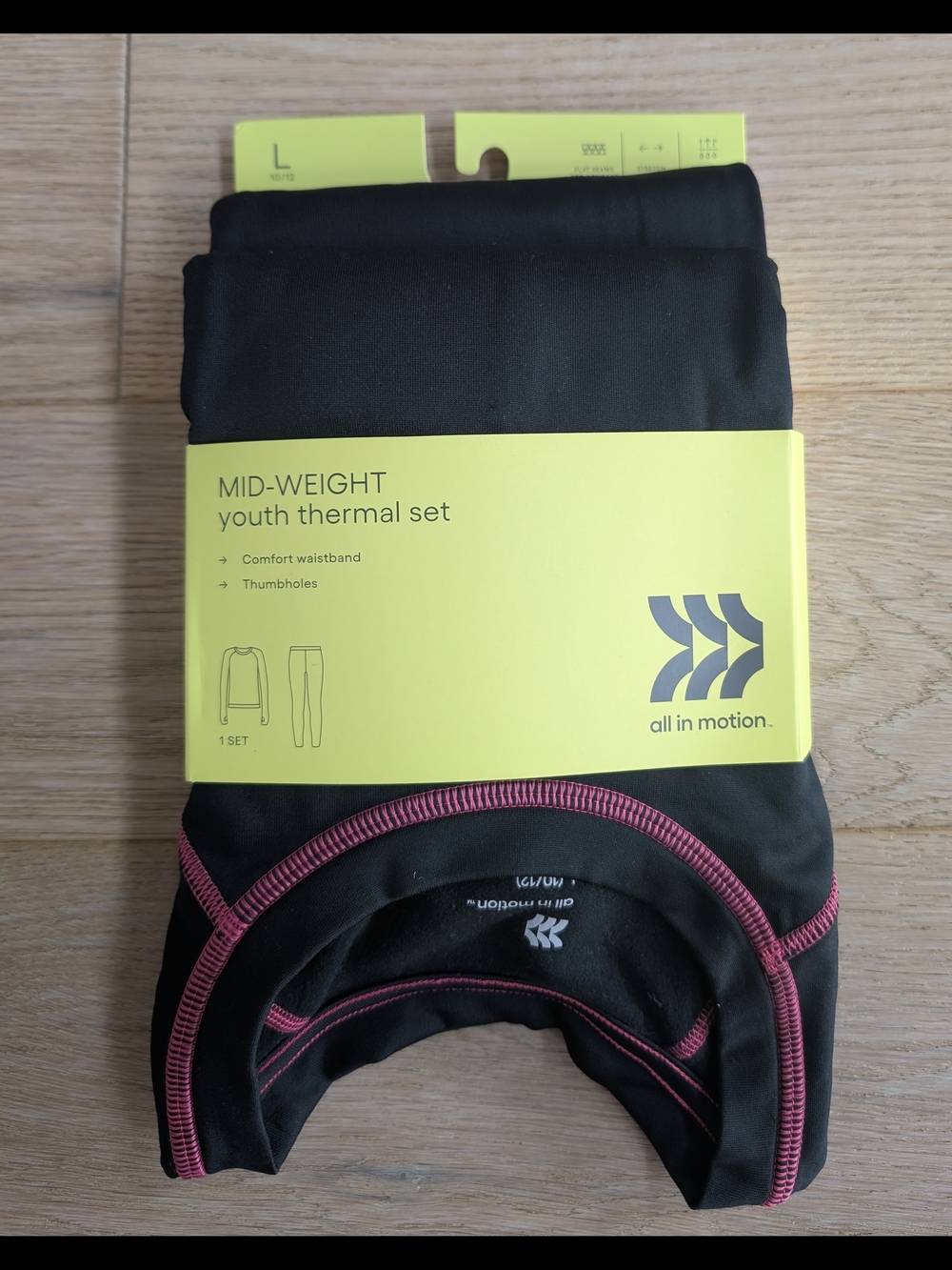 All in Motion Youth L Black Thermal Set with Pink Trim - Mid-Weight
